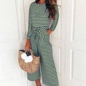 Quinn Green/White Stripe Casual Stripe with Tie Belt Crop Jumpsuit Size S NWOT